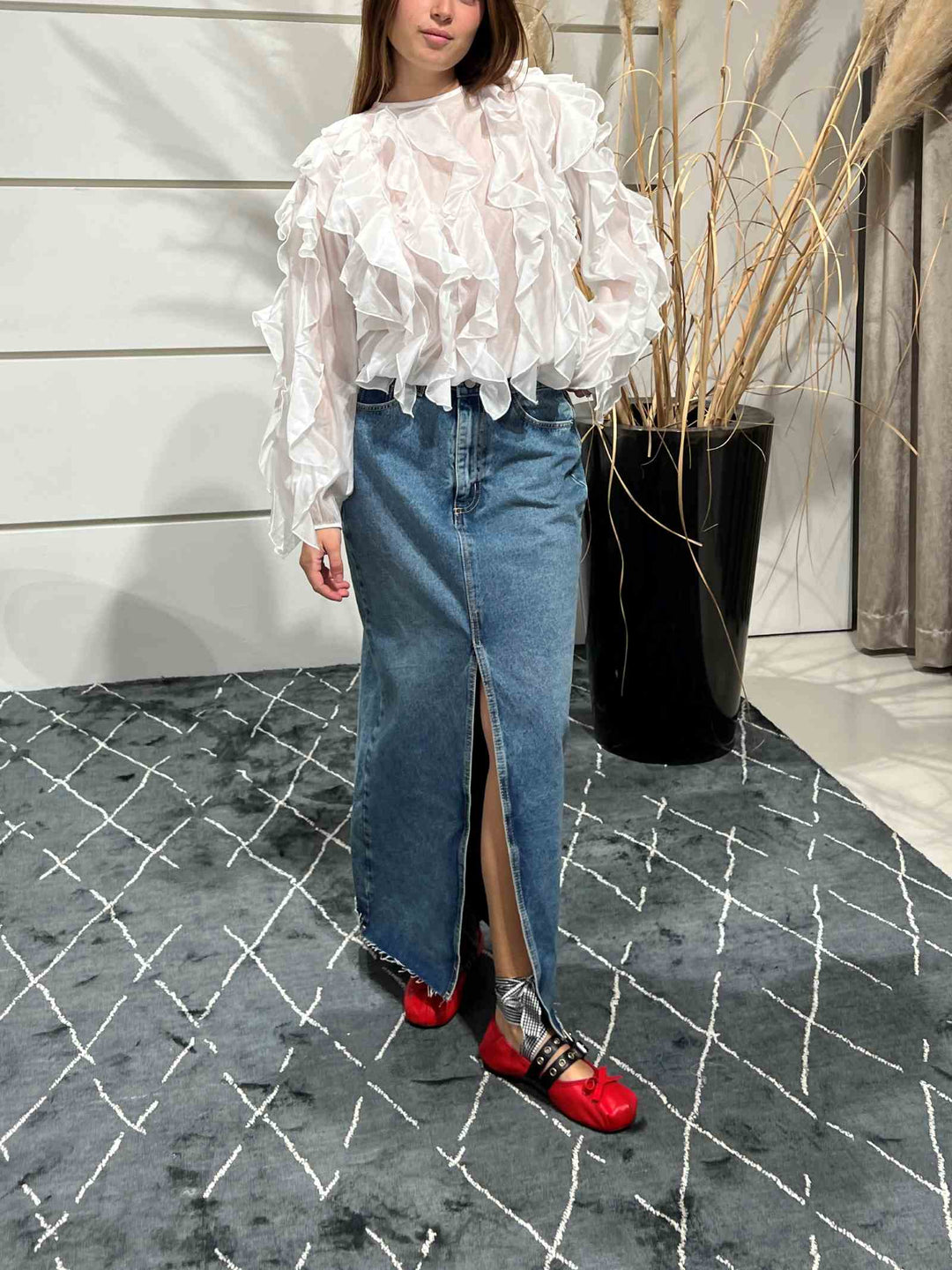 gonna in denim lunga con spacco davanti