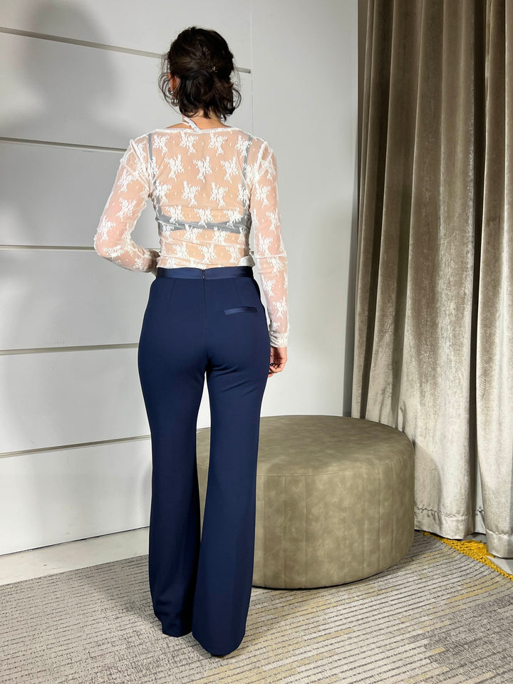 Pantalone sartoriale a zampa blu elasticizzato a vita alta con fascia satin 