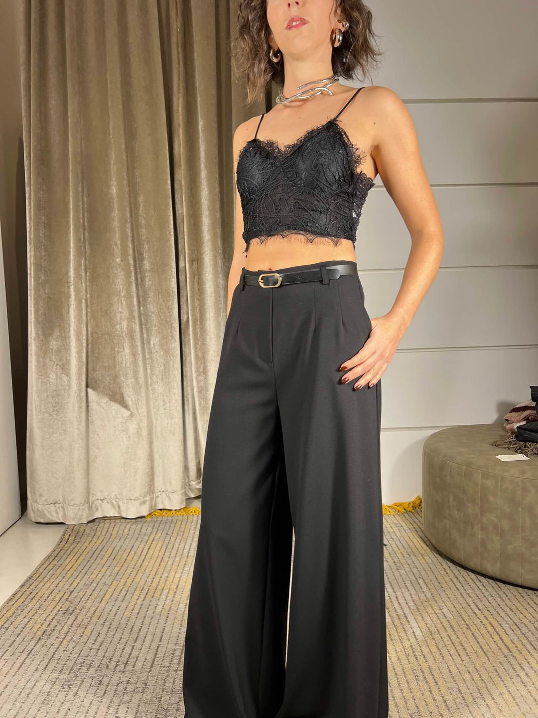 pantalone nero a palazzo con cintura P8B2KFVNERO IMPERIAL