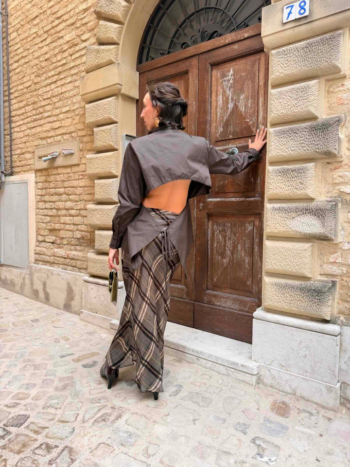 Gonna lunga con spacco e stampa tartan beige e marrone 