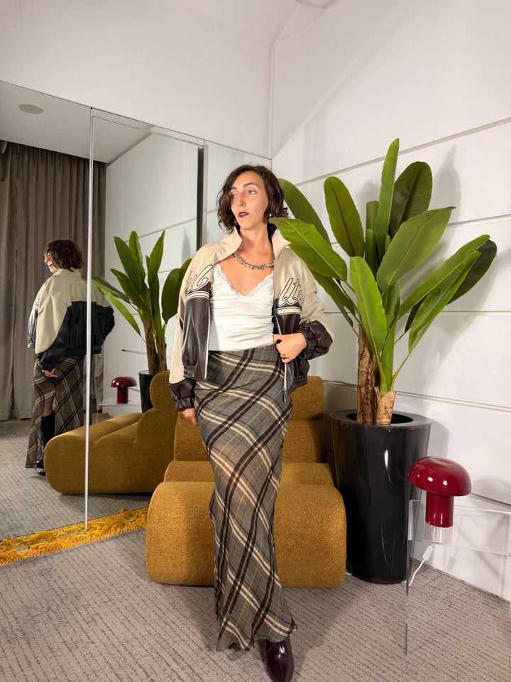 Gonna lunga con spacco e stampa tartan beige e marrone 