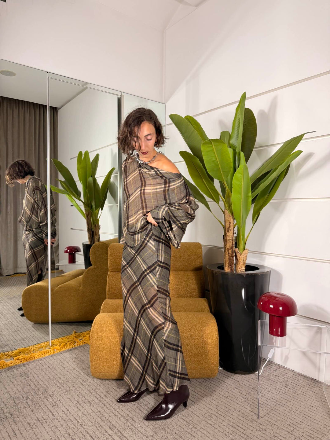 Gonna lunga con spacco e stampa tartan beige e marrone 