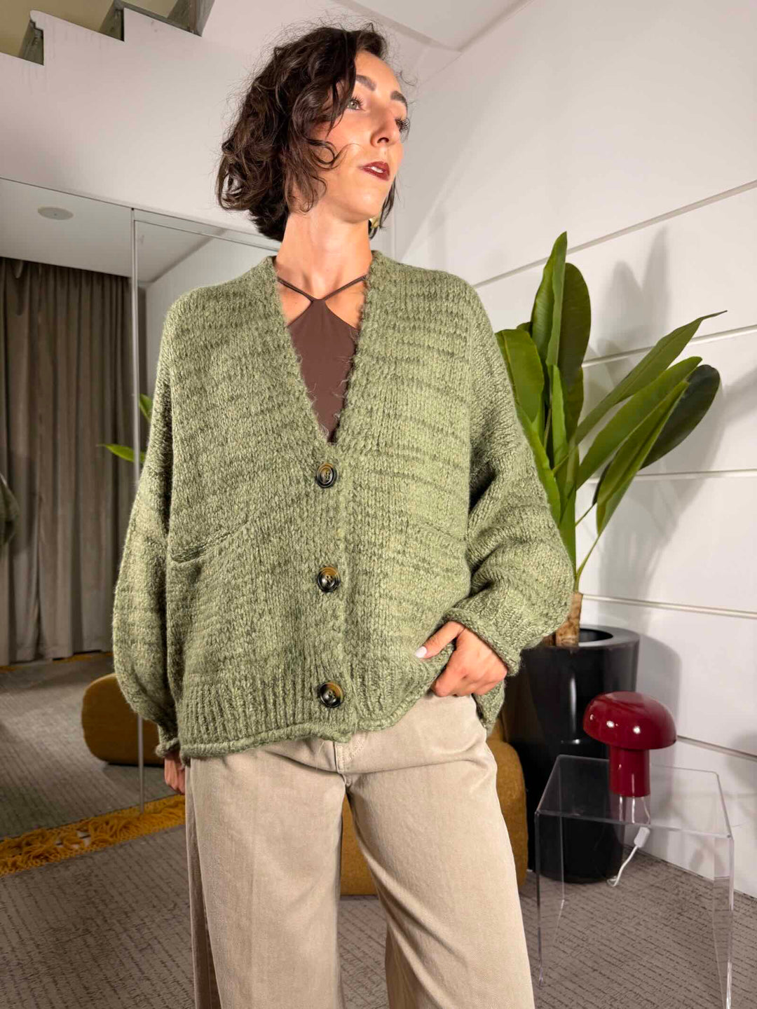 Cardigan sfumato militare over con tasche a patta 