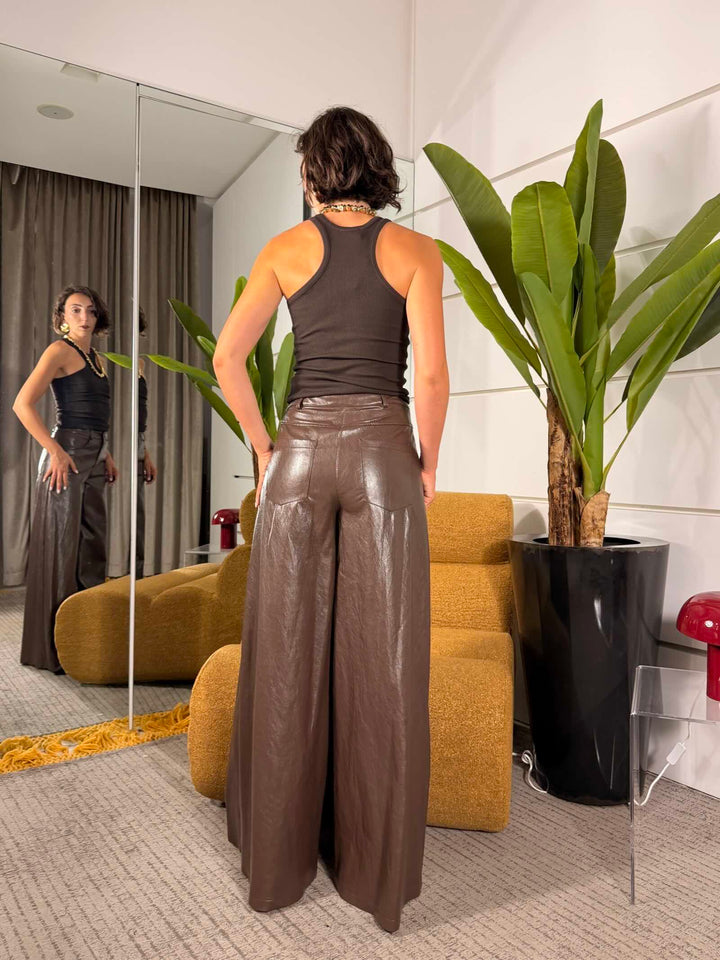 Pantalone a palazzo in tessuto spalmato moro 