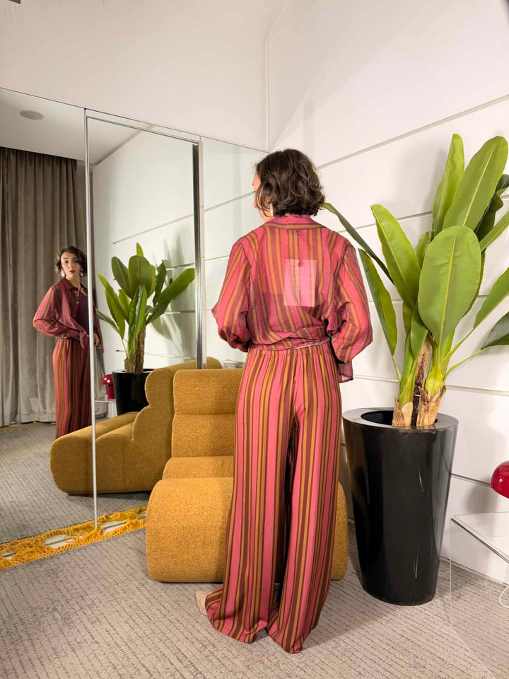 Pantalone a palazzo a righe amarena 