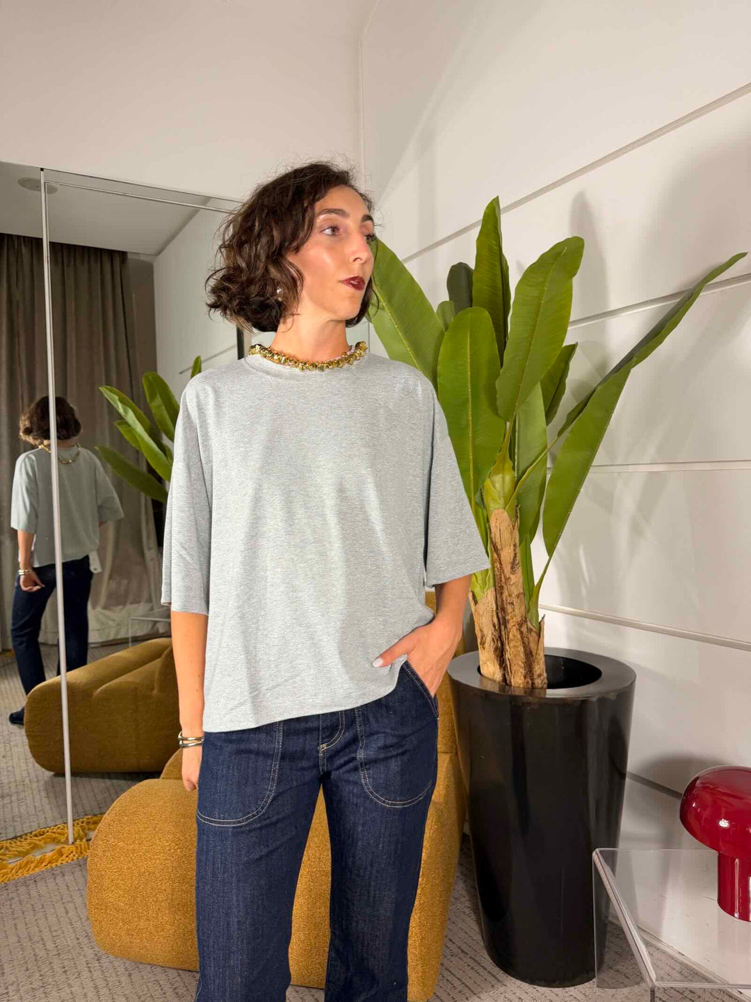 3 T-shirt in una grigio melange e panna 