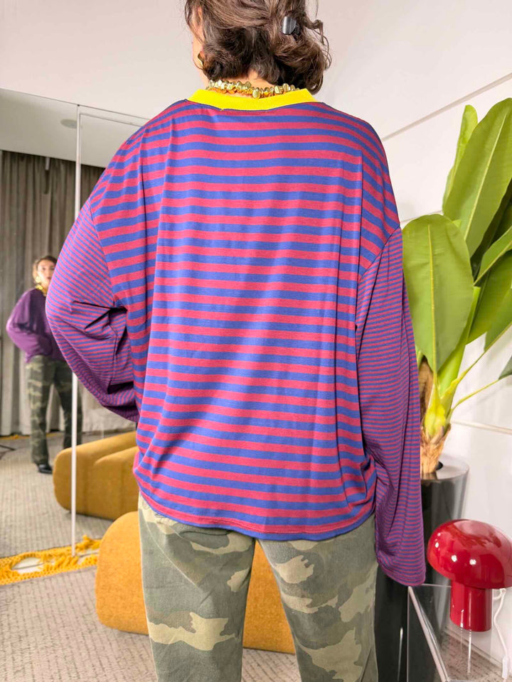 T-shirt girocollo rigata manica bordeaux blu e ocra 
