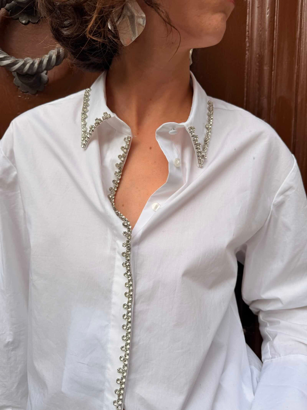 Camicia bianca con strass in cotone 