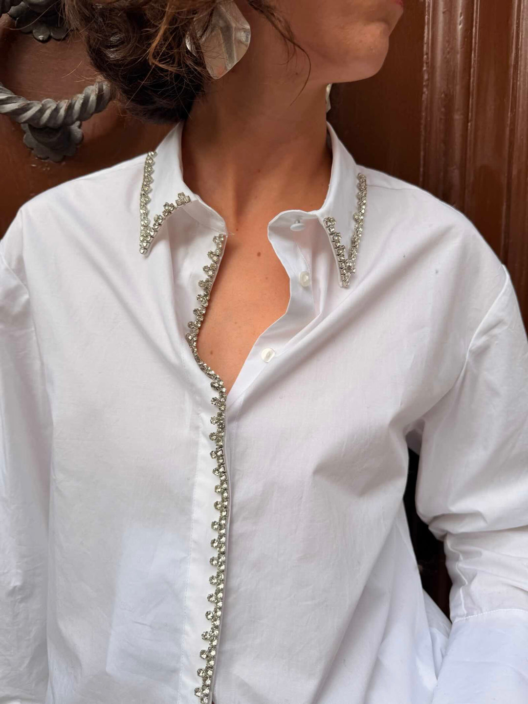Camicia bianca con strass in cotone 
