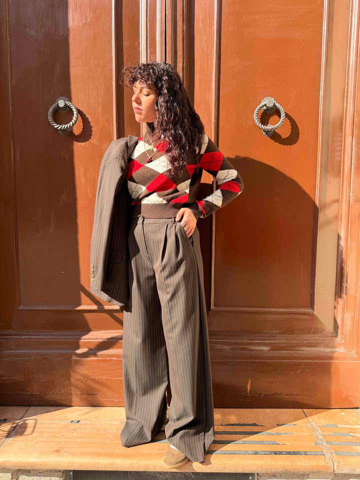 Pantalone wide leg gessato marrone 