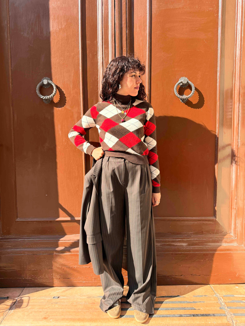 Pantalone wide leg gessato marrone 
