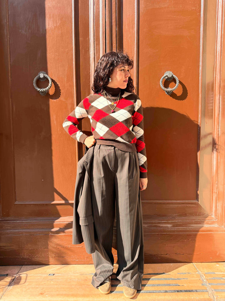 Pantalone wide leg gessato marrone 