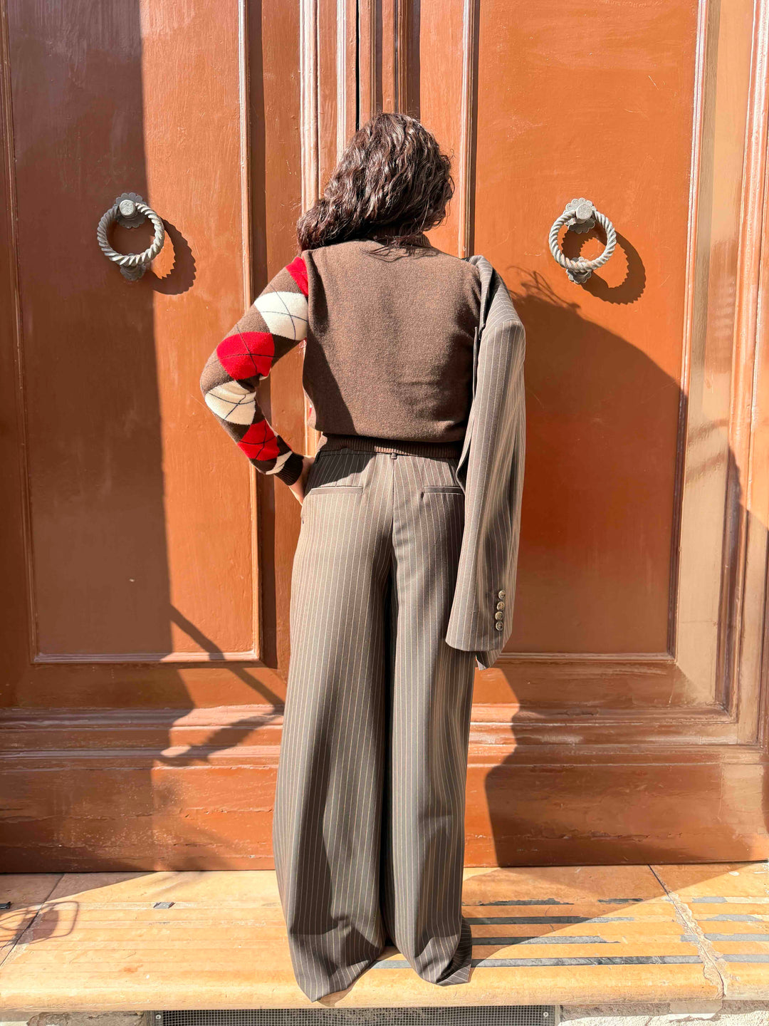 Pantalone wide leg gessato marrone 