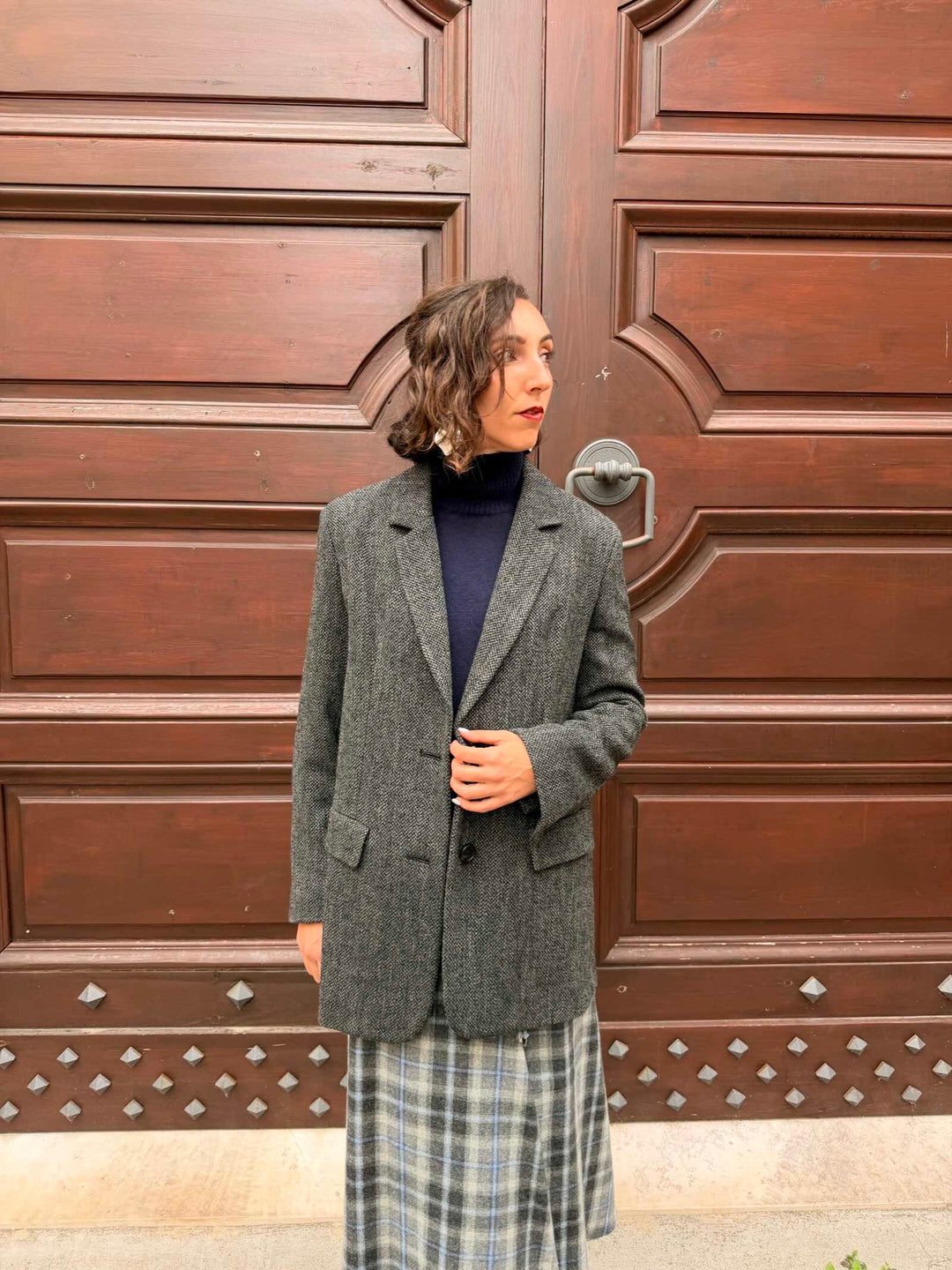 Giacca cappotto in panno tweed nero 