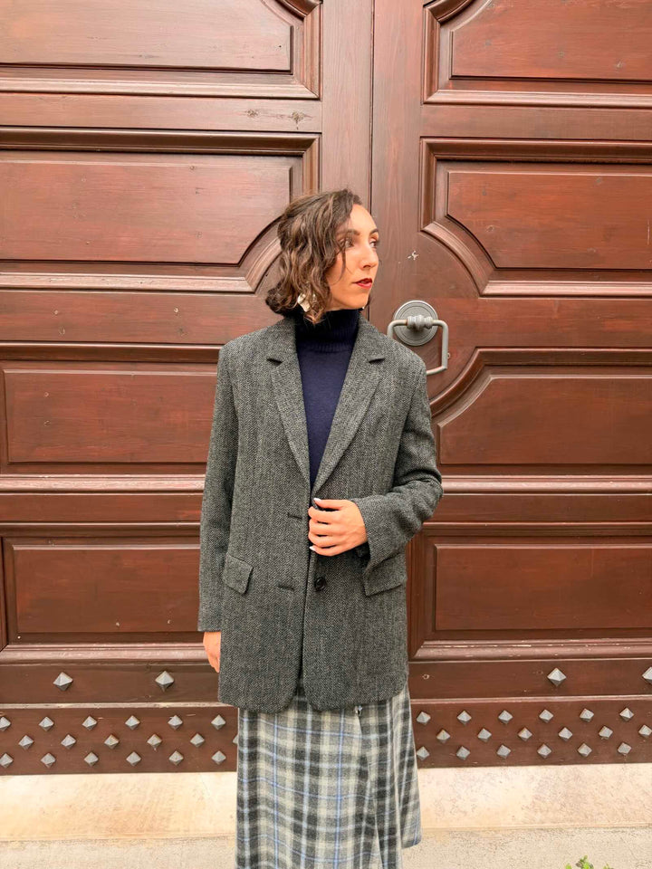 Giacca cappotto in panno tweed nero 