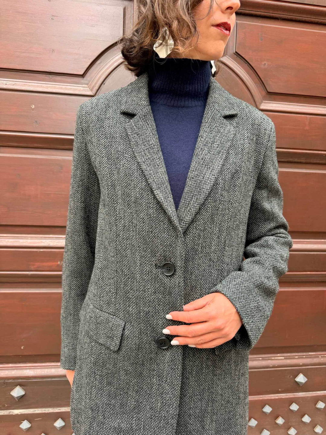 Giacca cappotto in panno tweed nero 