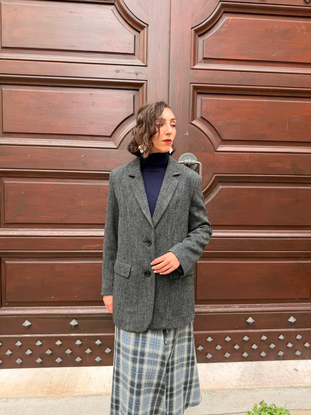 Giacca cappotto in panno tweed nero 