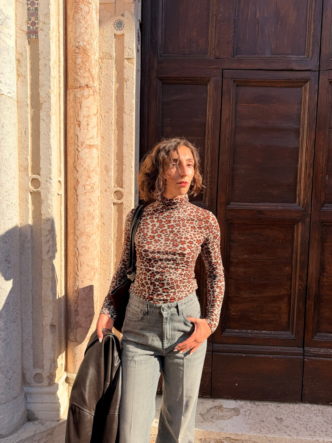 Dolcevita in jersey misto lana stampato salvia 
