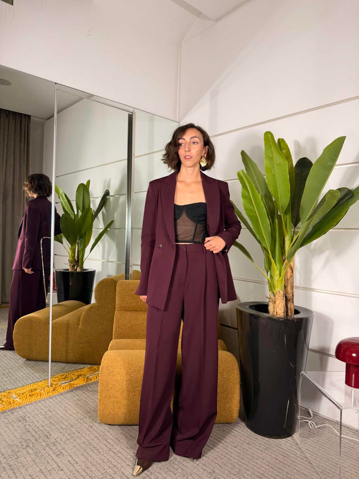 Pantaloni a palazzo a vita alta, plum noir 89%PL 11%EA. 
