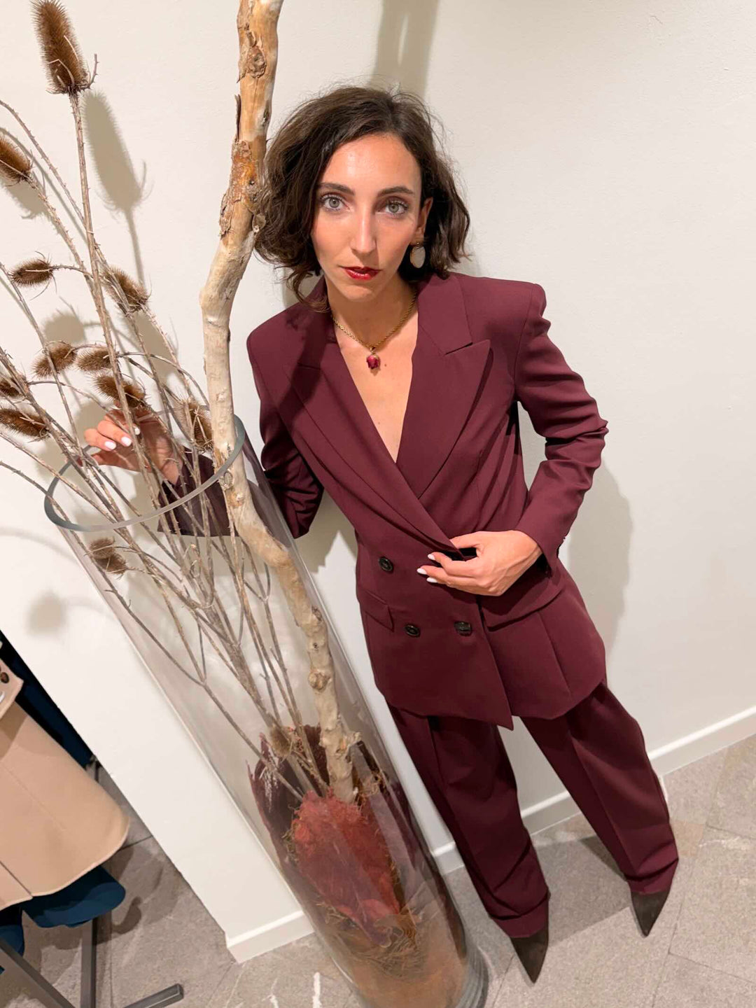 Blazer doppiopetto in pura lana stretch bordeaux 