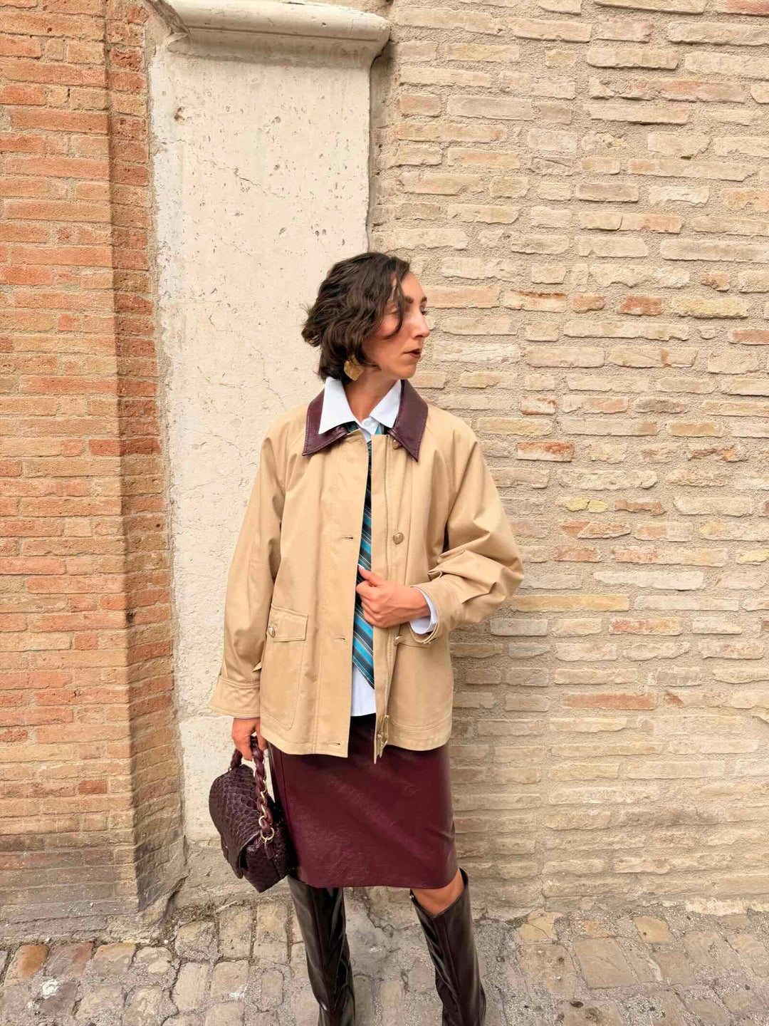 Giaccone in gabardina di cotone stretch beige 