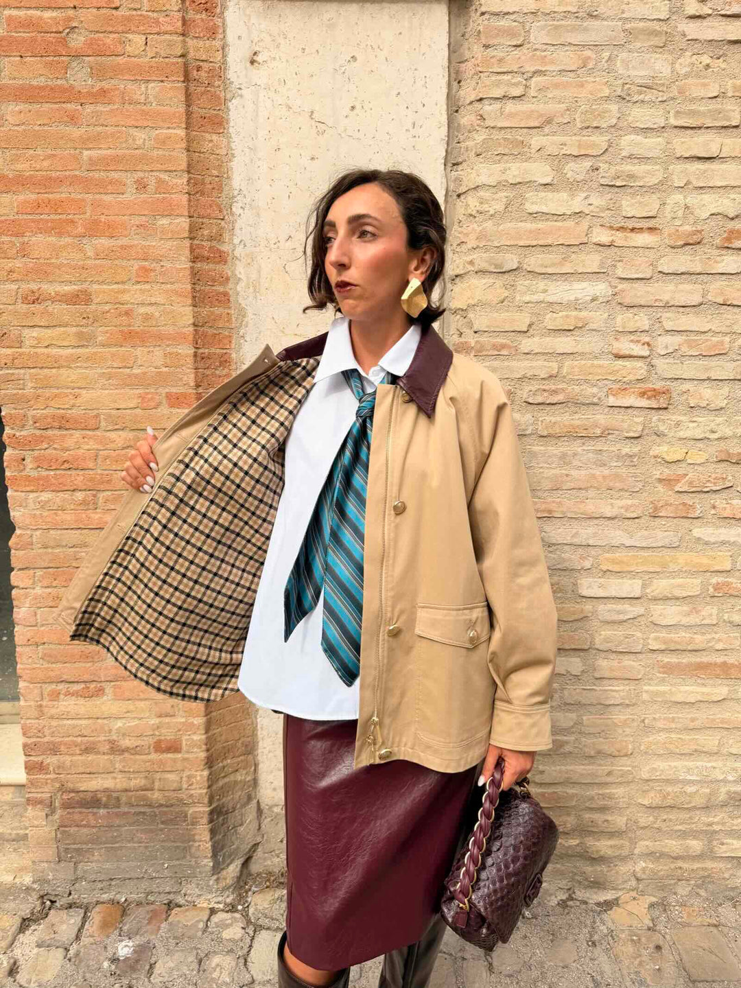 Giaccone in gabardina di cotone stretch beige 