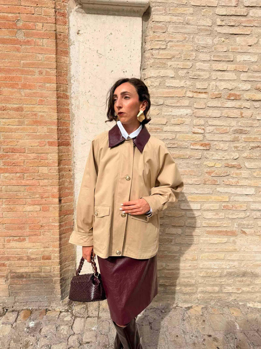 Giaccone in gabardina di cotone stretch beige 