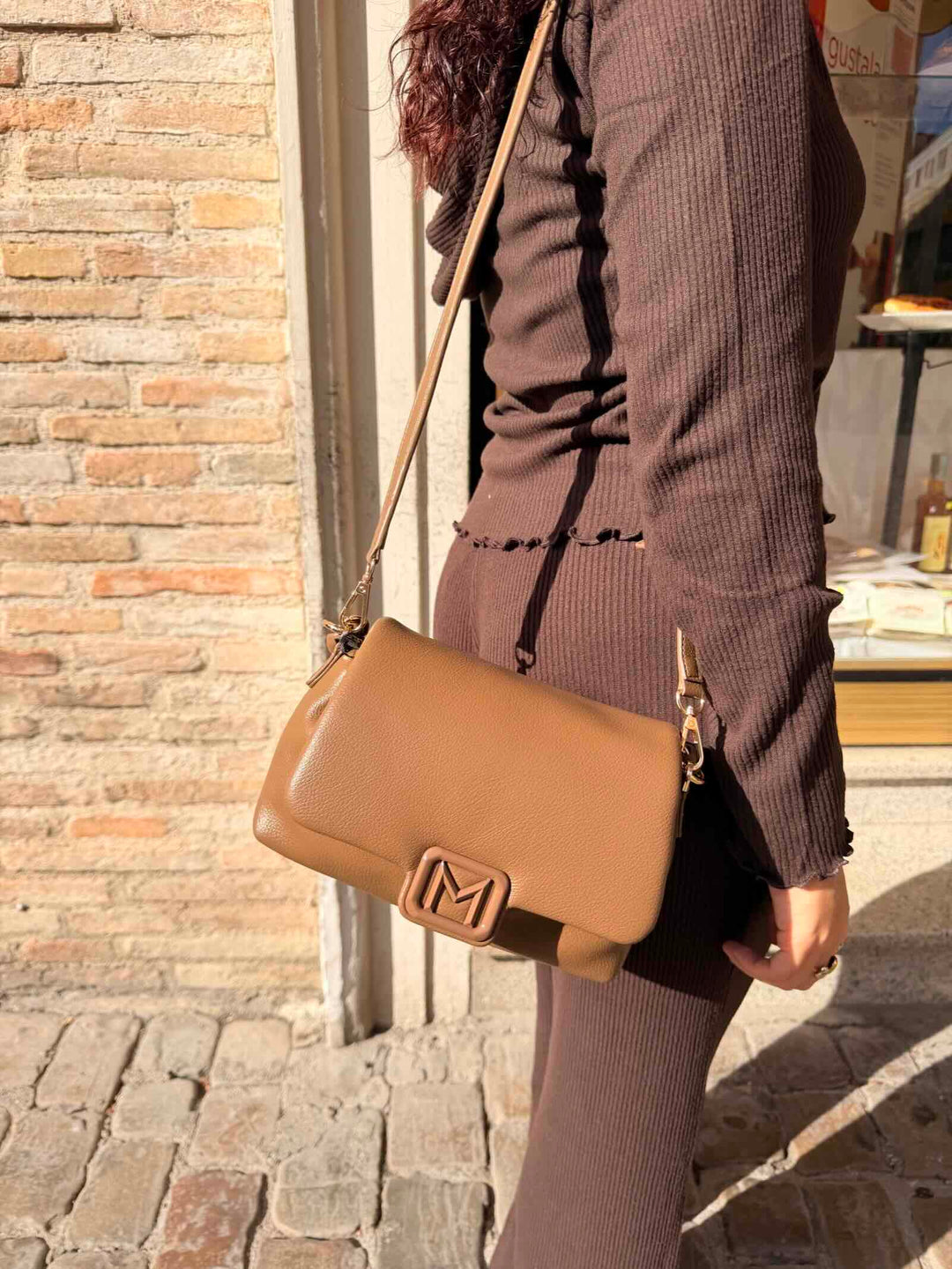 Borsa in tessuto spalmato color fango<BR/> 