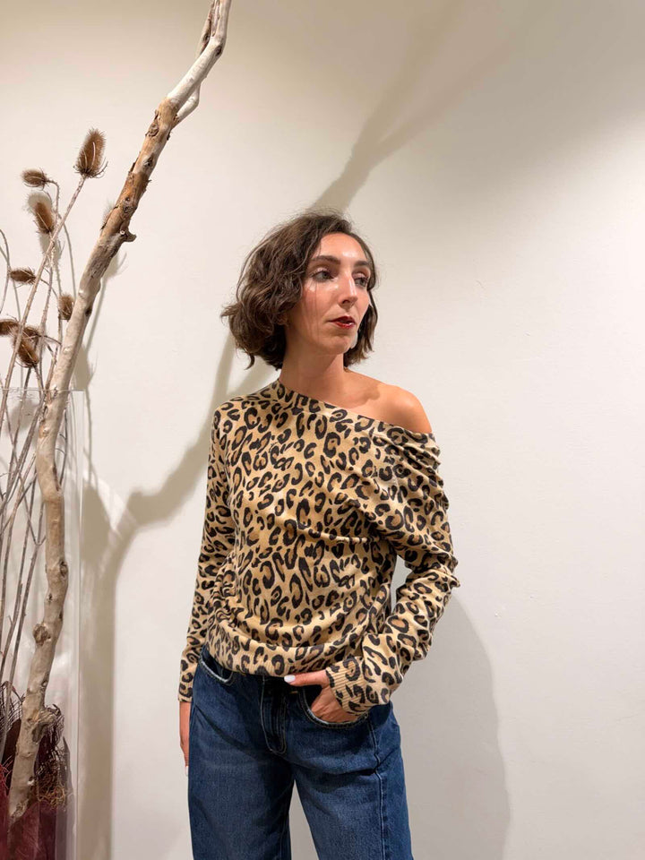 Cardigan a fantasia animalier in pura lana beige 