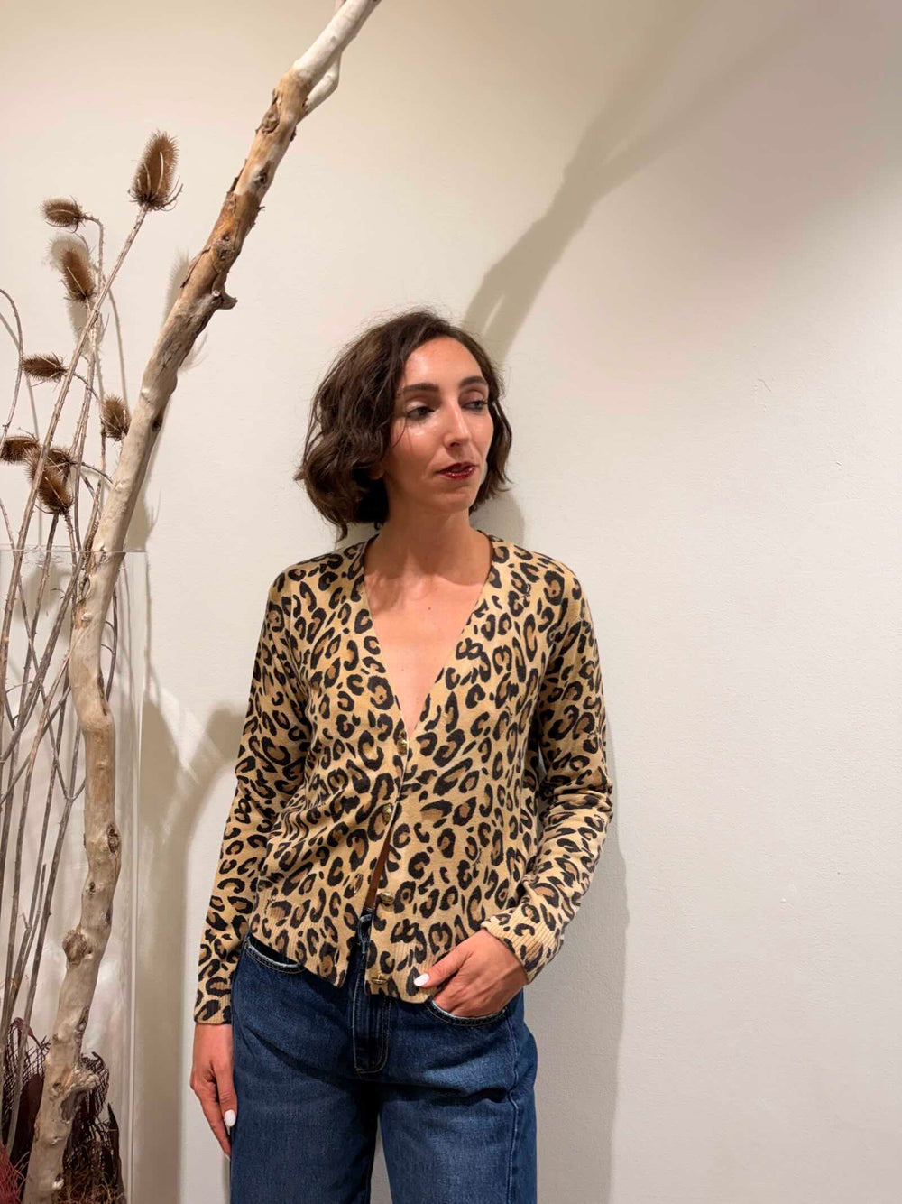 Cardigan a fantasia animalier in pura lana beige 