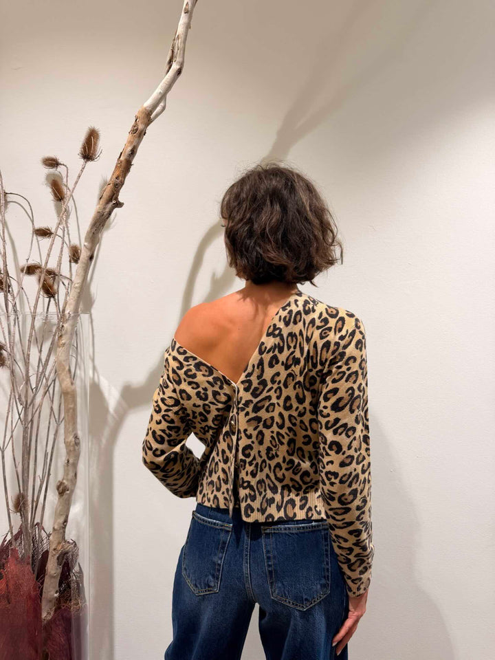 Cardigan a fantasia animalier in pura lana beige 
