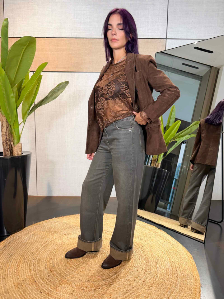Jeans wide a vita bassa washed craft brown 