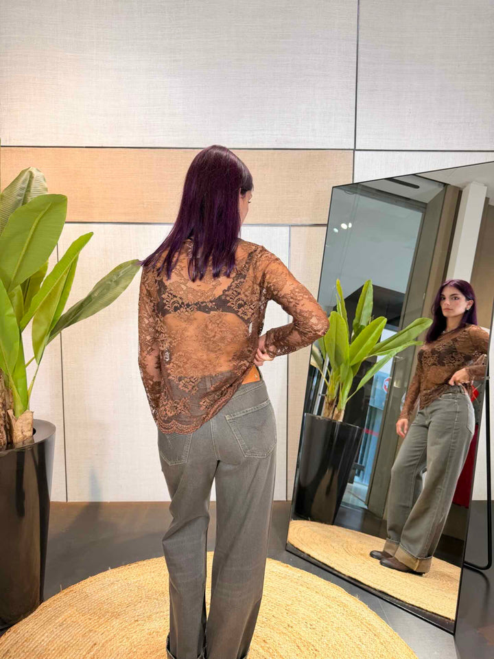 Jeans wide a vita bassa washed craft brown 