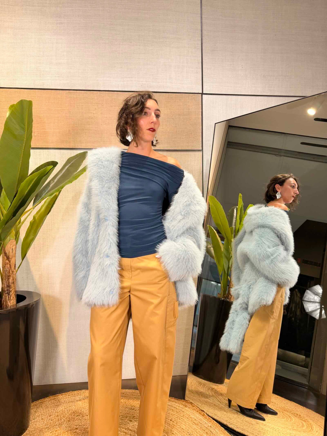 Giacca blouson effetto pelliccia azzurro ghiaccio 