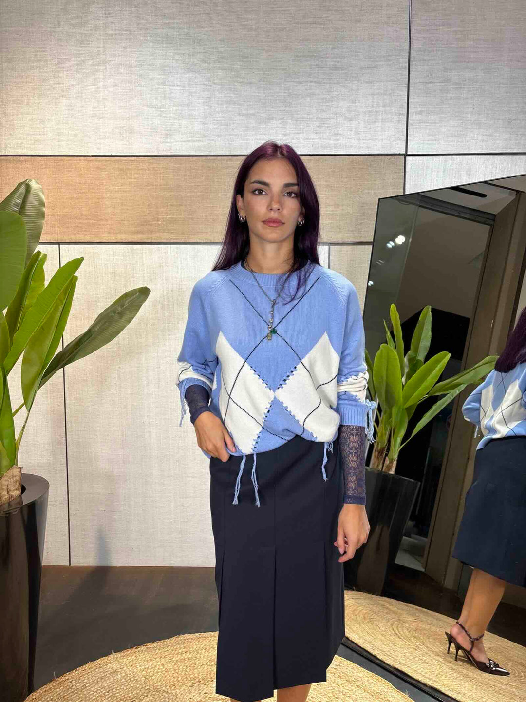 Maglione con maxi rombi in lana e cashmere azzurro e panna 