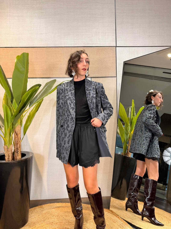 Giacca blazer oversize con motivo jaguar grigio scuro 