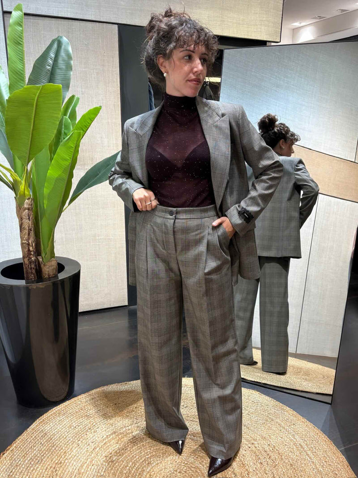 Pantaloni palazzo con motivo principe di Galles beige bordeaux e nero 