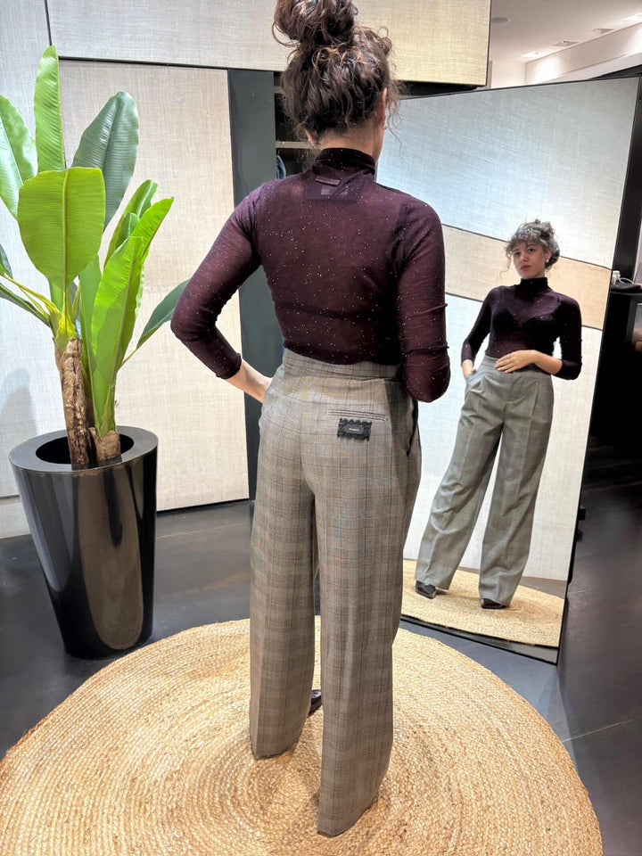 Pantaloni palazzo con motivo principe di Galles beige bordeaux e nero 