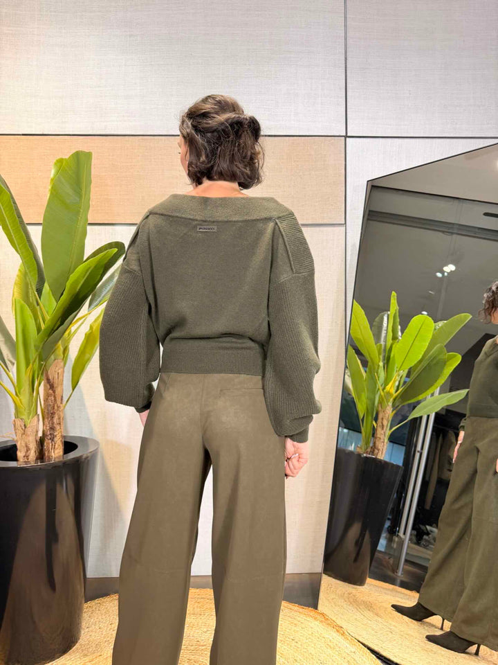 Maglia cropped con maniche a palloncino verde militare 
