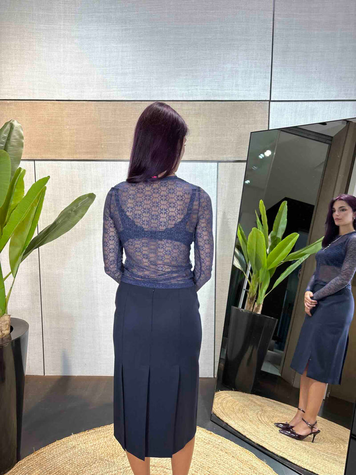Maglia in pizzo stretch semitrasparente blu 