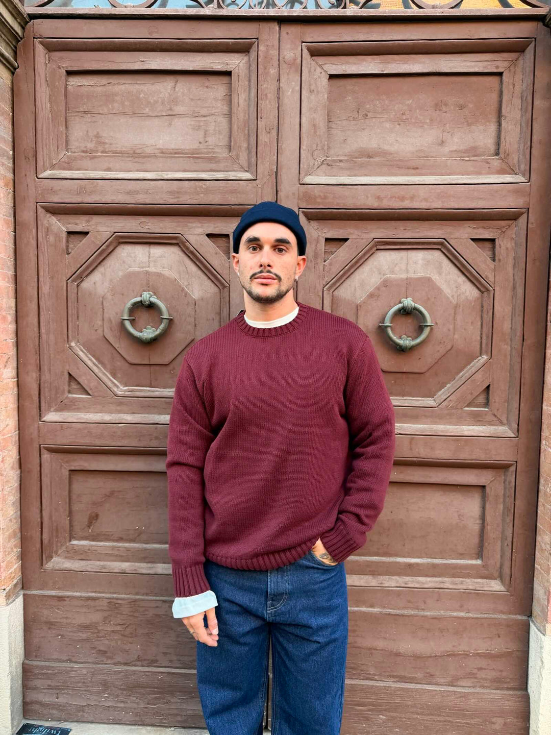 Maglione girocollo bordeaux in cotone 