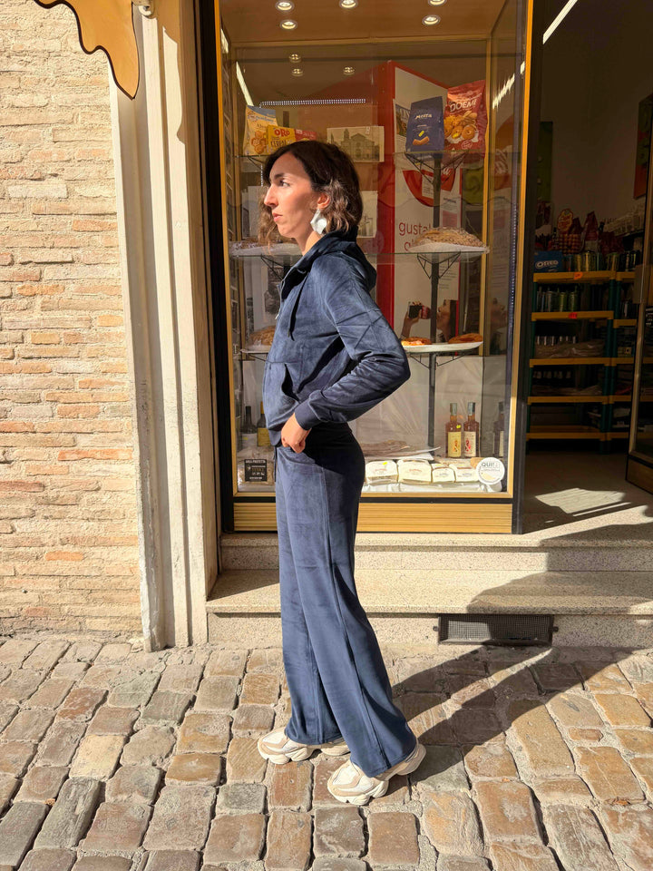 Pantalone blu in ciniglia a zampa 