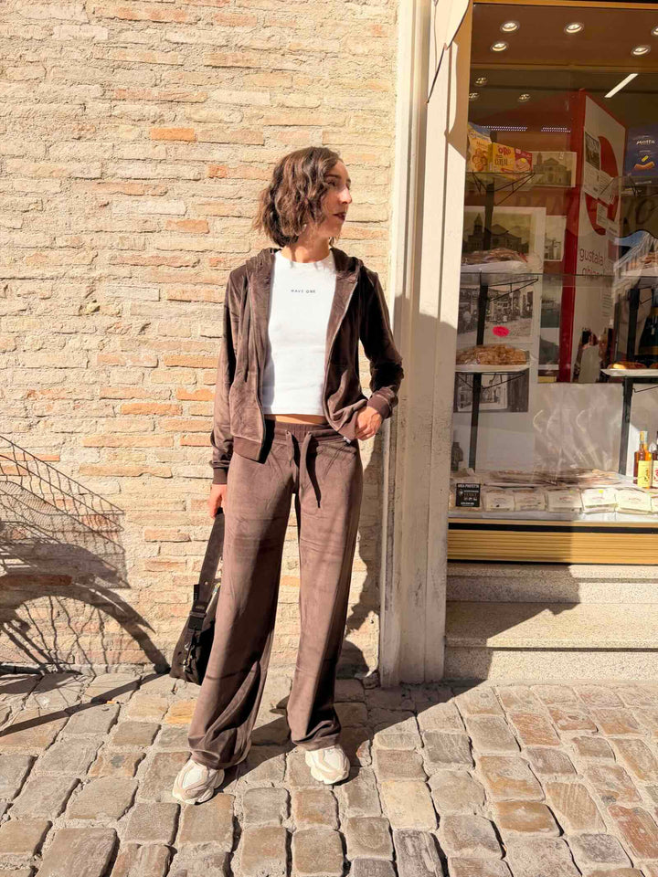 Pantalone cioccolato in ciniglia a zampa 