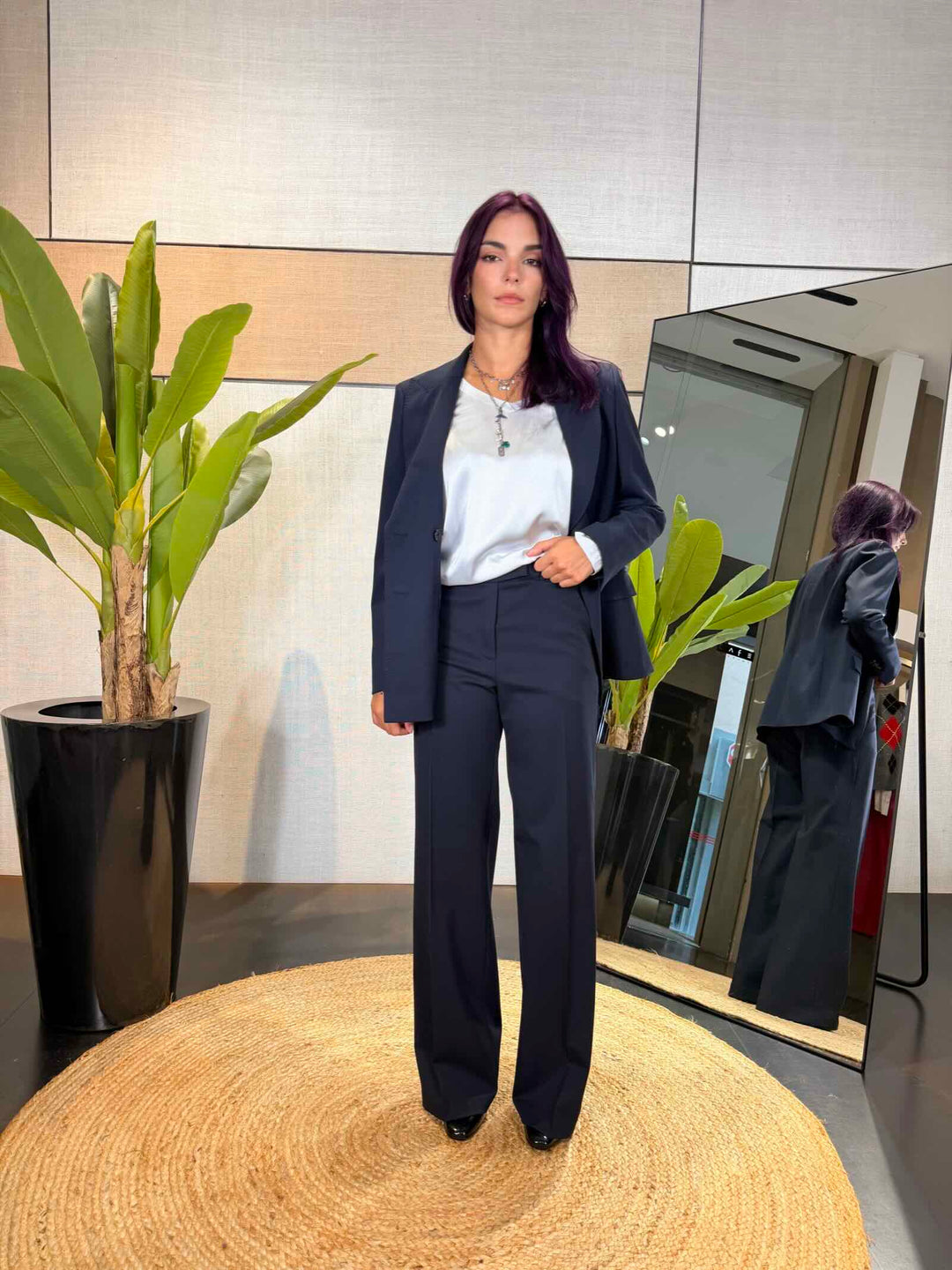 Pantalone lungo a gamba dritta in misto lana blu 