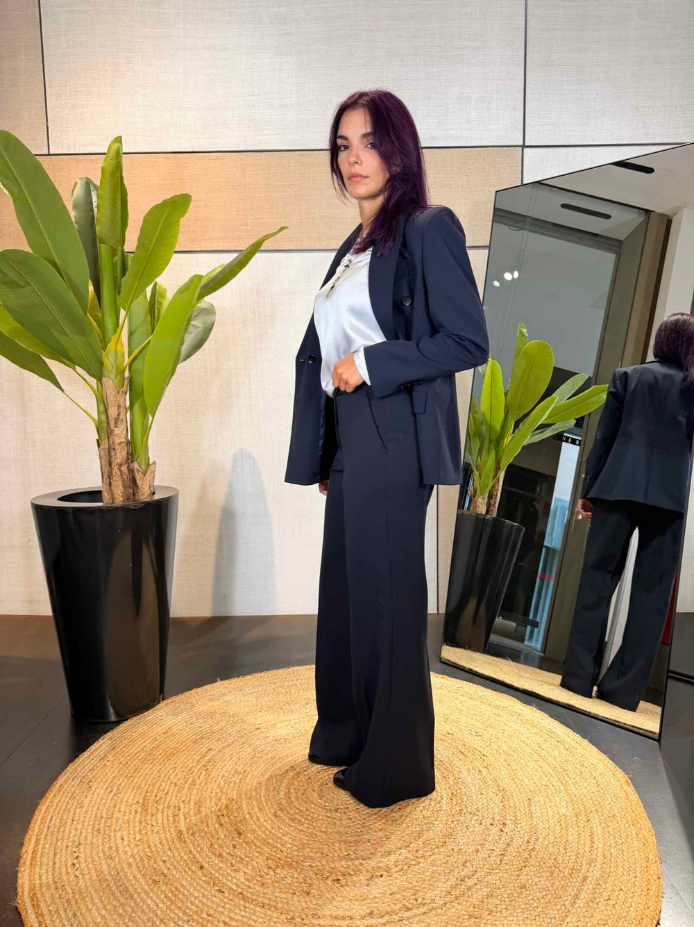 Pantalone lungo a gamba dritta in misto lana blu 