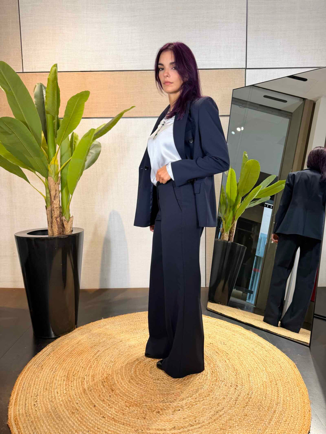Pantalone lungo a gamba dritta in misto lana blu 