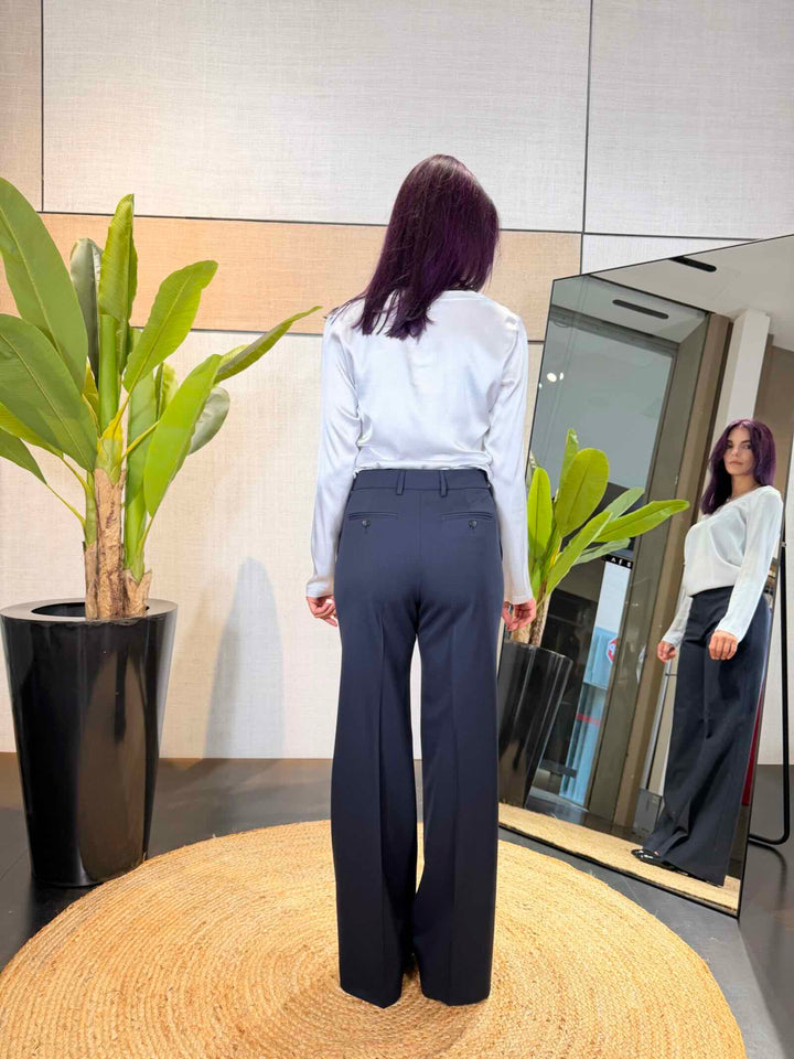 Pantalone lungo a gamba dritta in misto lana blu 