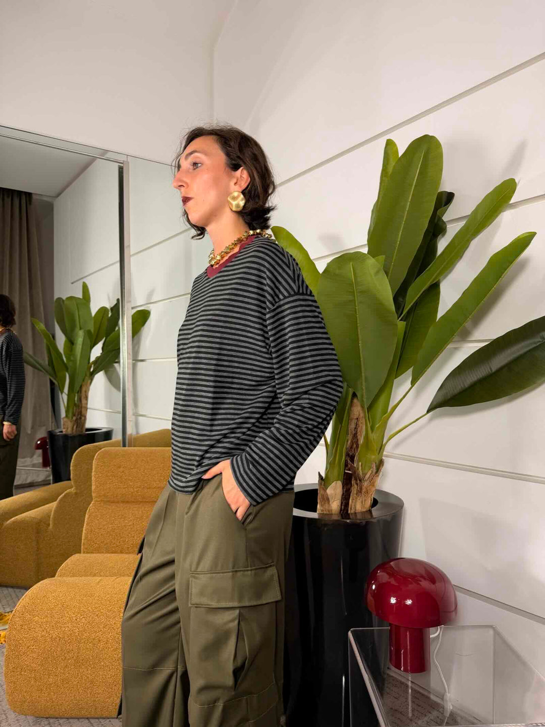 Maglia a righe girocollo manica lunga antracite e bordeaux 