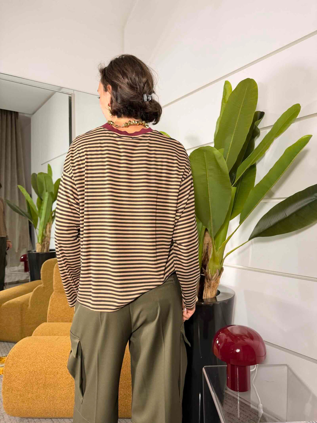 Maglia a righe girocollo manica lunga moro e cammello 