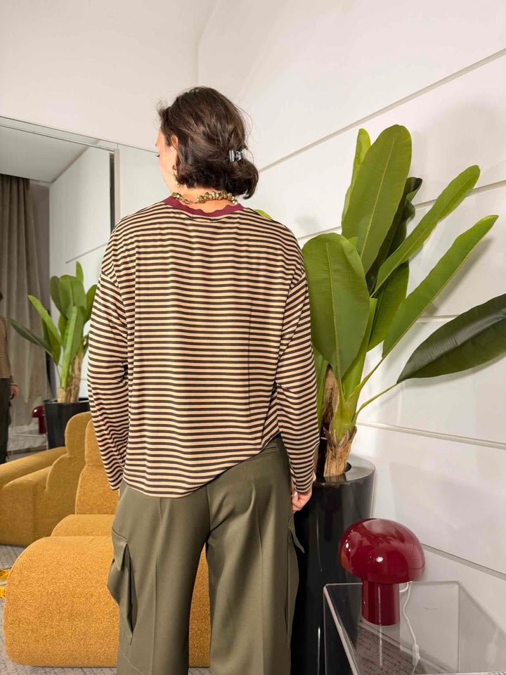 Maglia a righe girocollo manica lunga moro e cammello 